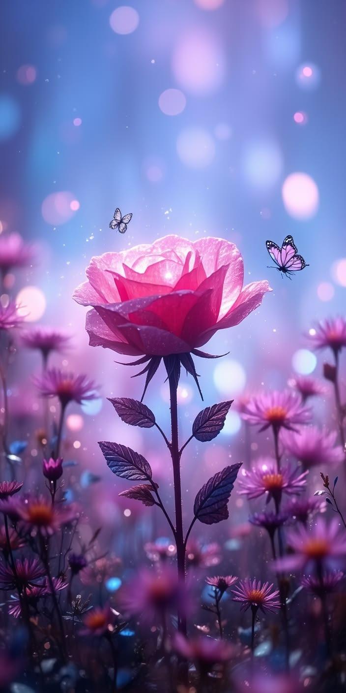 Glowing Pink Rose Butterfly Fantasy wallpaper