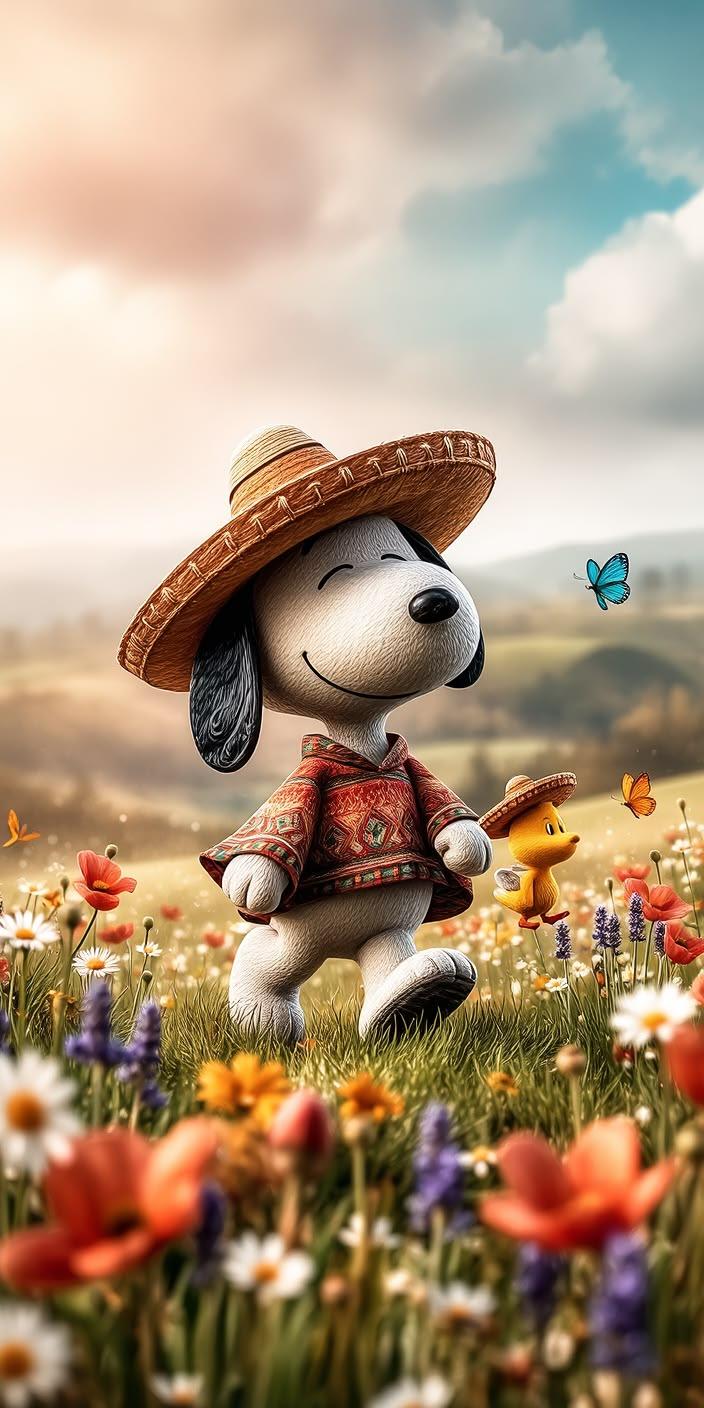 Sunny Meadow Adventure Snoopy Wallpaper