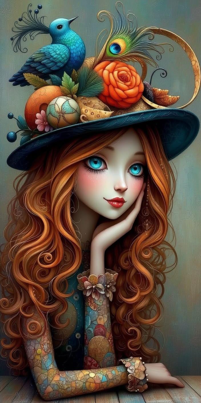 Whimsical Peacock Hat Girl Wallpaper