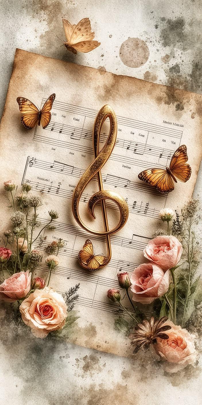Vintage Music Floral Butterfly Wallpaper