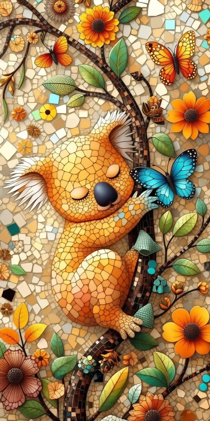 Cute Koala Butterfly Mosaic Wallpaper