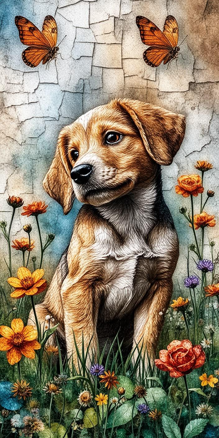 Cute Puppy Butterfly Mosaic Wallpaper