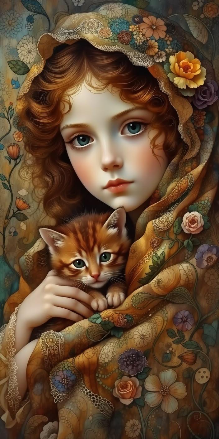 Floral Girl With Kitten Wallpaper