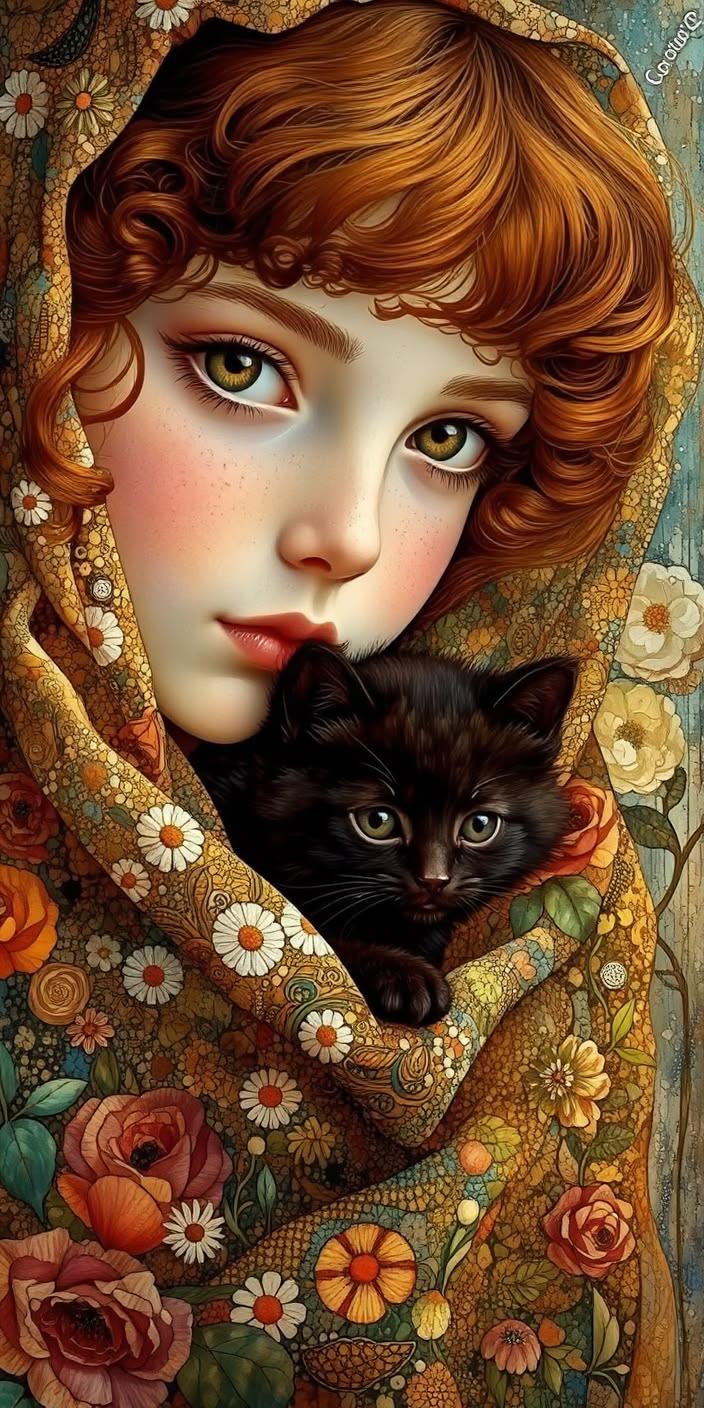 Floral Portrait Girl Cat Wallpaper