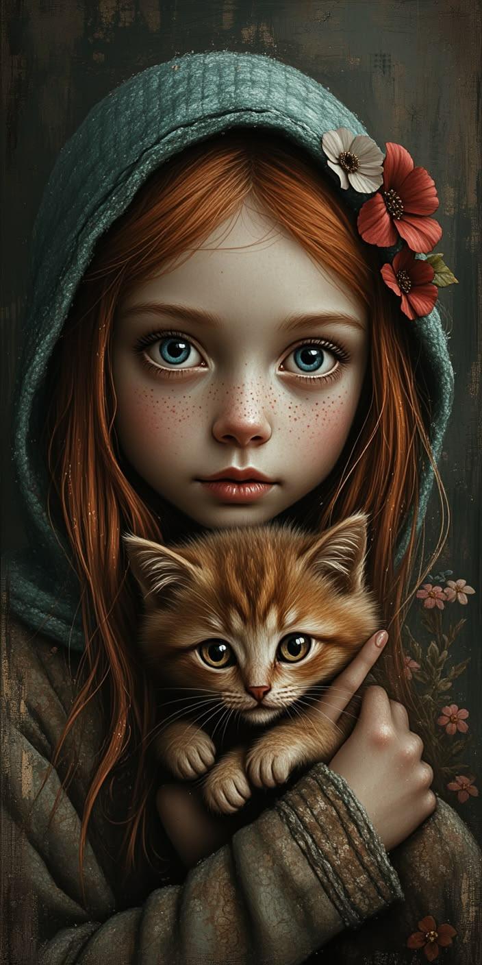 Freckled Girl With Cat Wallpaper