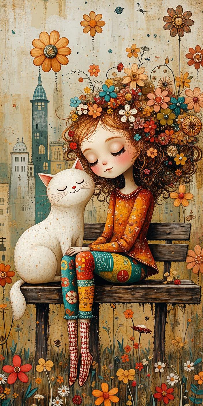 Colorful Girl And Cat Wallpaper