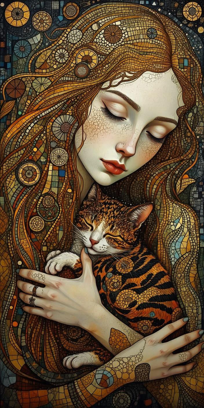 Dreamy Girl Hugging Cat Wallpaper