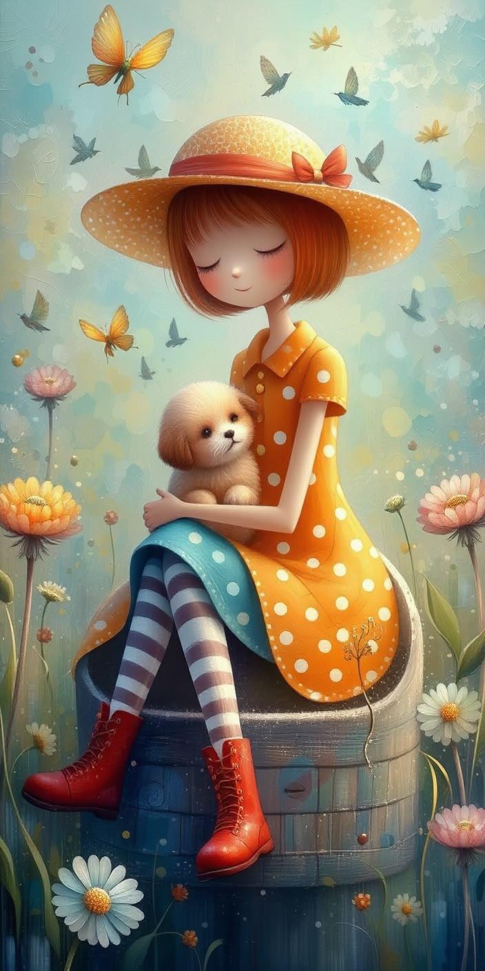 Cute Girl Puppy Boat Wallpaper