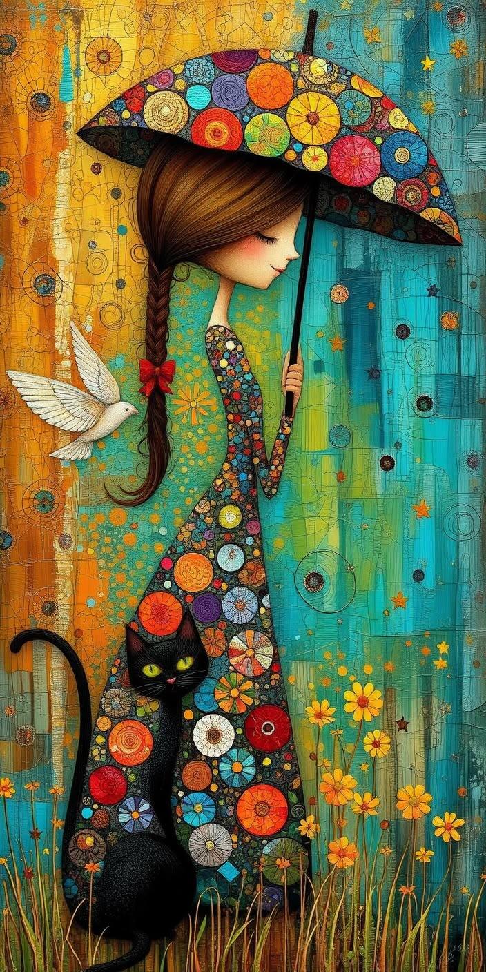 Cute Girl Cat Umbrella Wallpaper