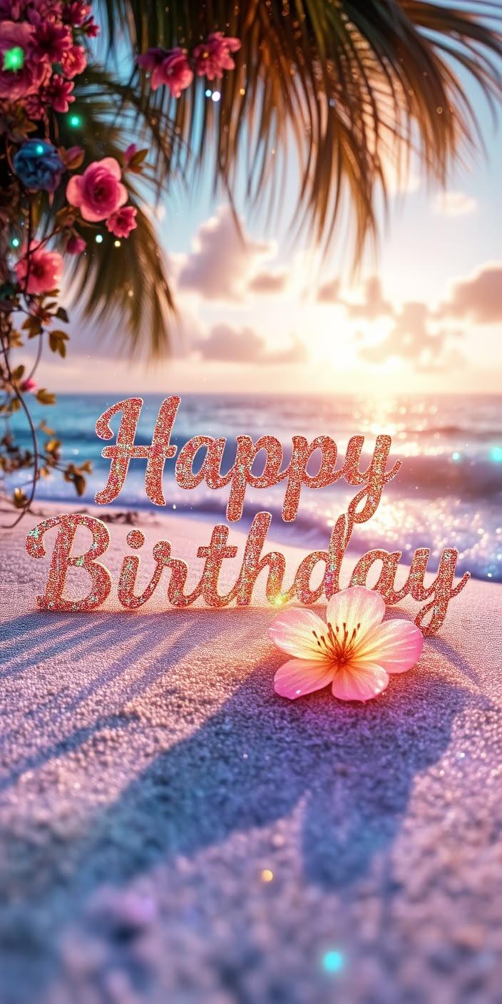 Happy Birthday Beach Flower Wallpaper 4K