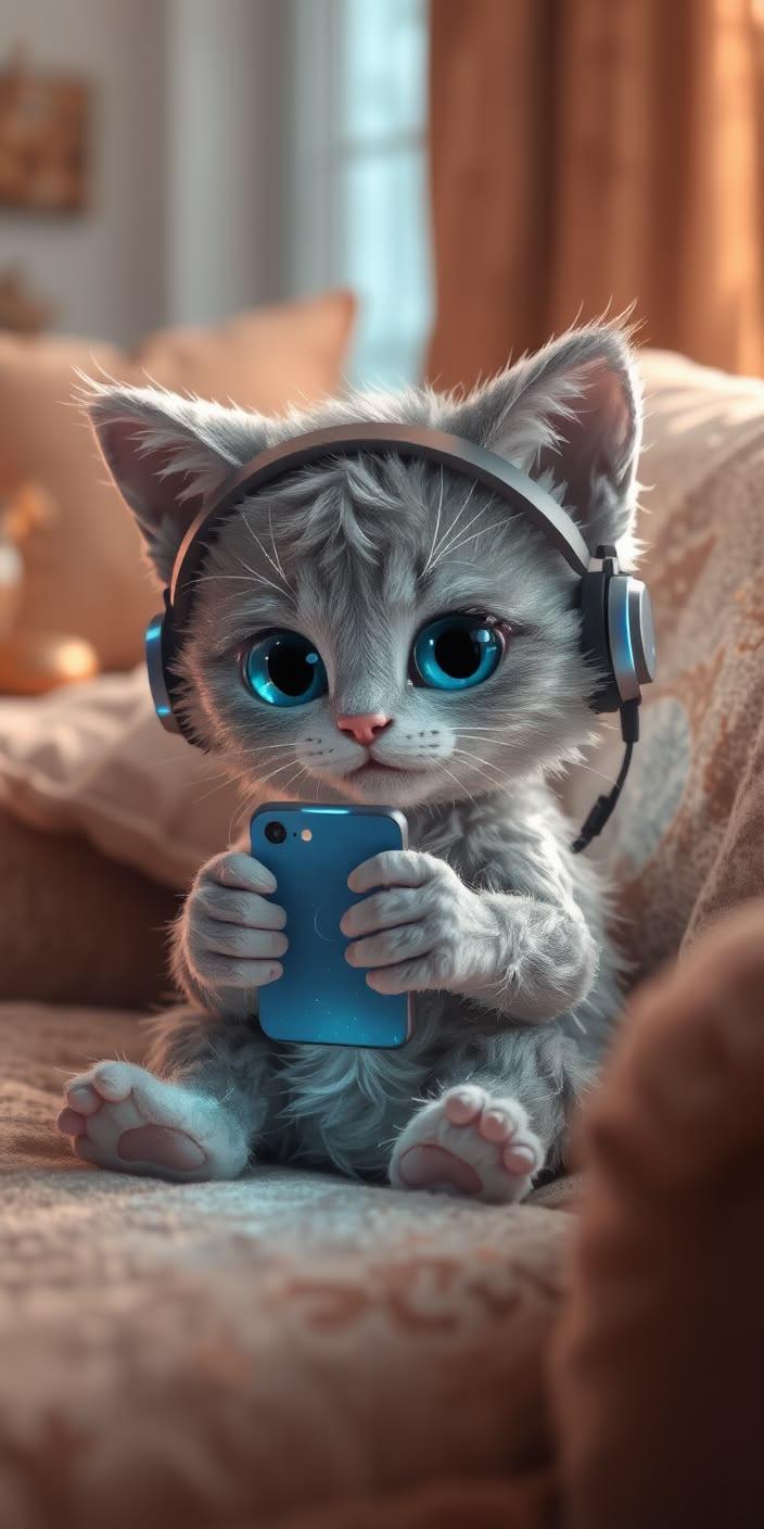 Cute Kitten With Headphones Wallpaper