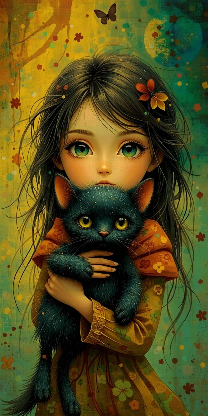 Mystic Girl With Black Cat Wallpaper