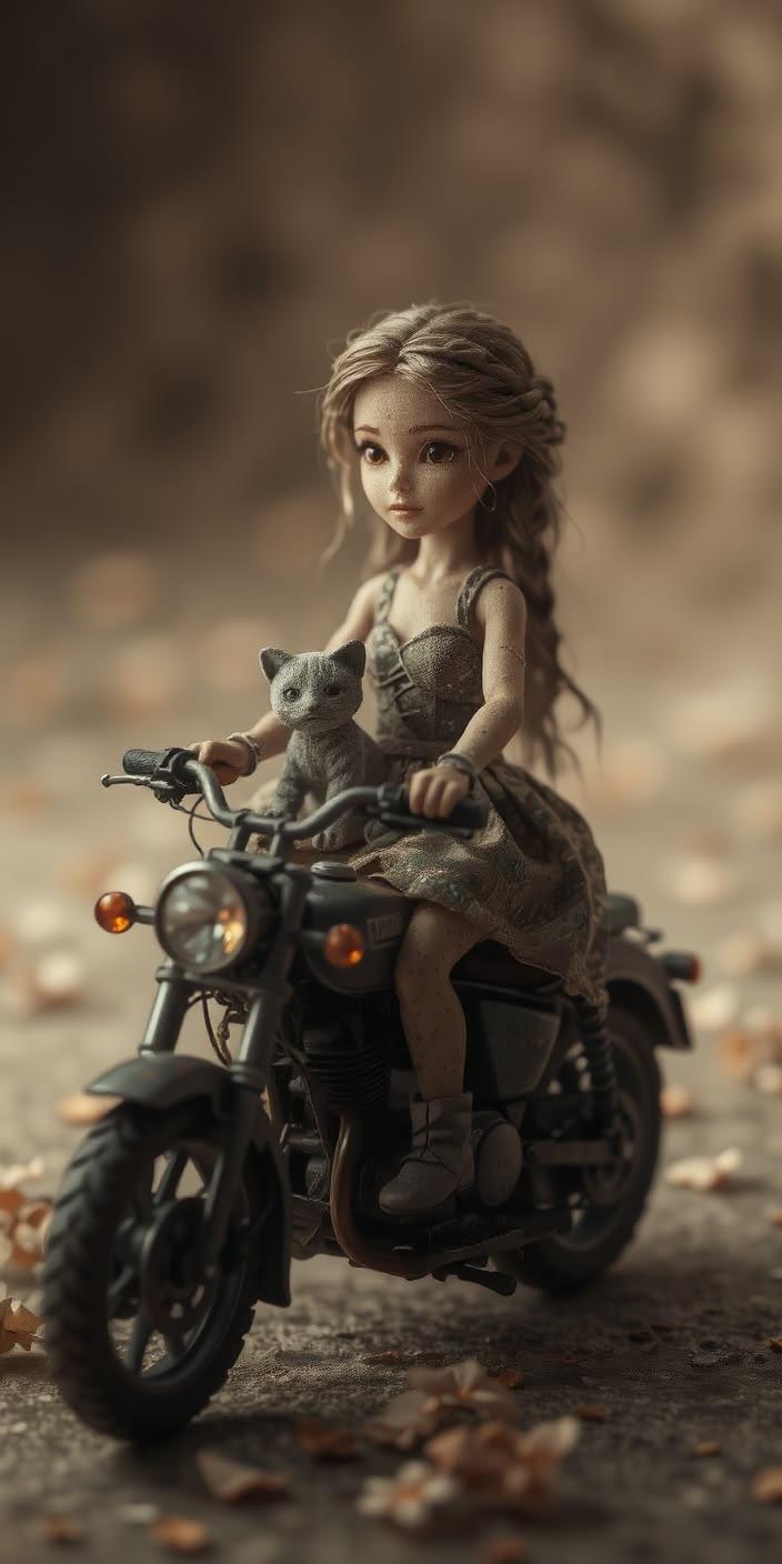 Cute Doll Girl With Cat Motorcycle Wallpaper
