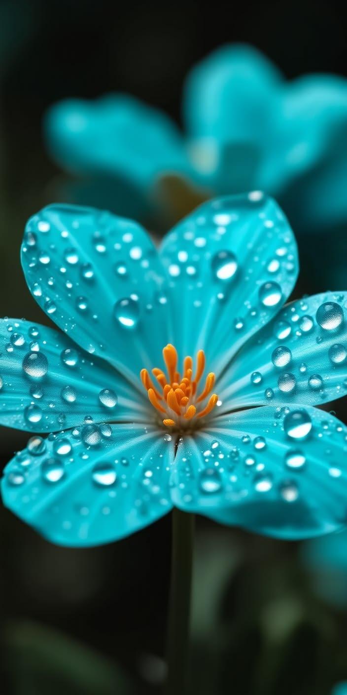 Turquoise Flower Water Drops Wallpaper