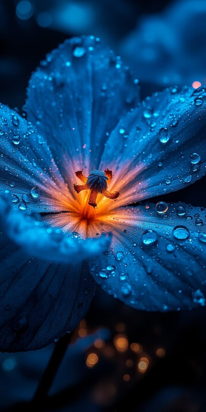 Glowing Blue Flower Water Drops Wallpaper