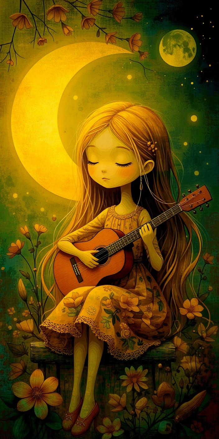 Dreamy Moon Guitar Girl Wallpaper