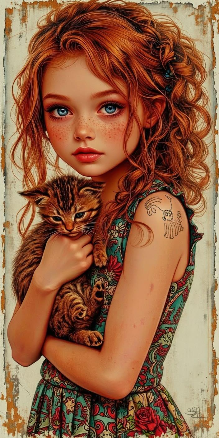 Vintage Girl Cat Wallpaper