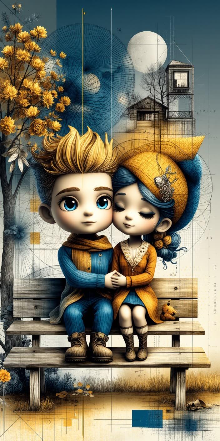 Cute Cartoon Couple Sitting Together