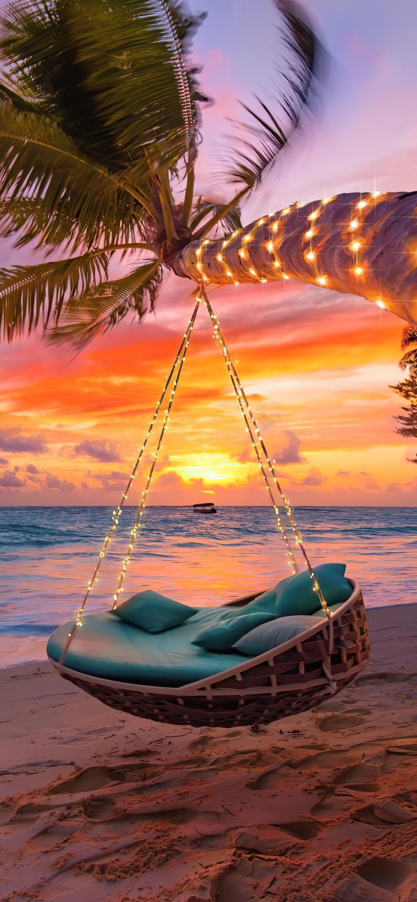 Tropical Sunset Beach Swing Wallpaper