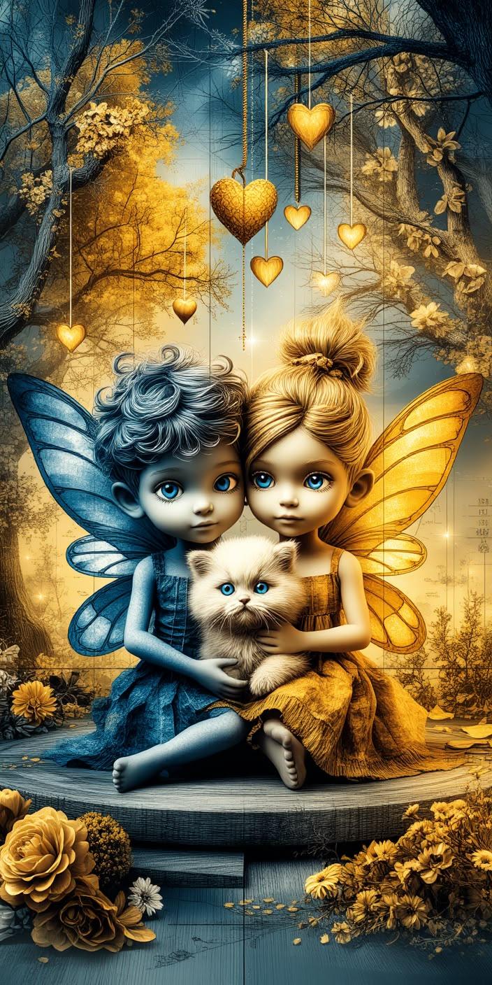 Cute Fairy Couple With Kitten Wallpaper
