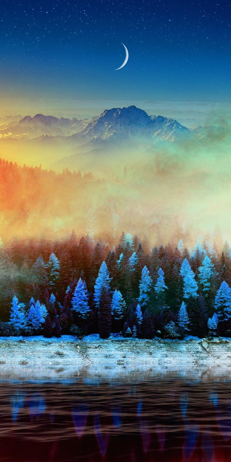 Dreamy Mountain Forest Moon Wallpaper