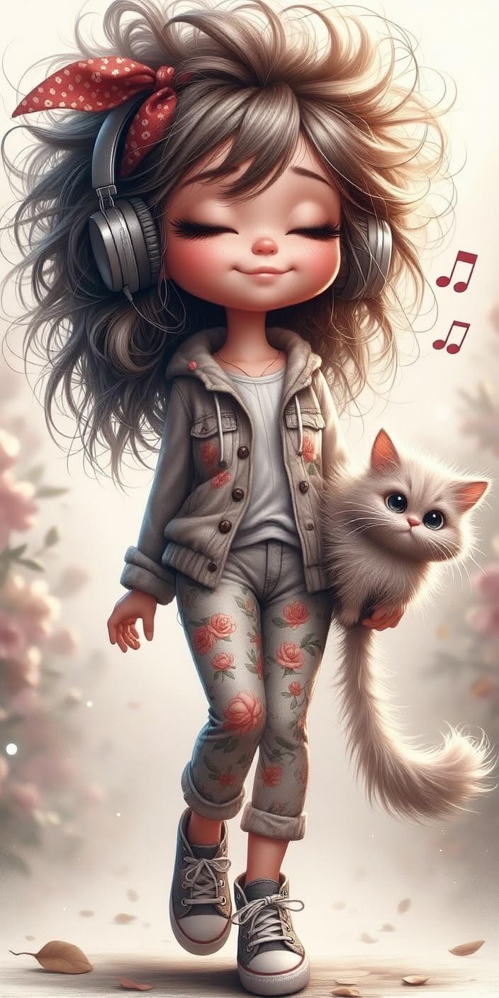 Cute Music Girl With Kitten Wallpaper