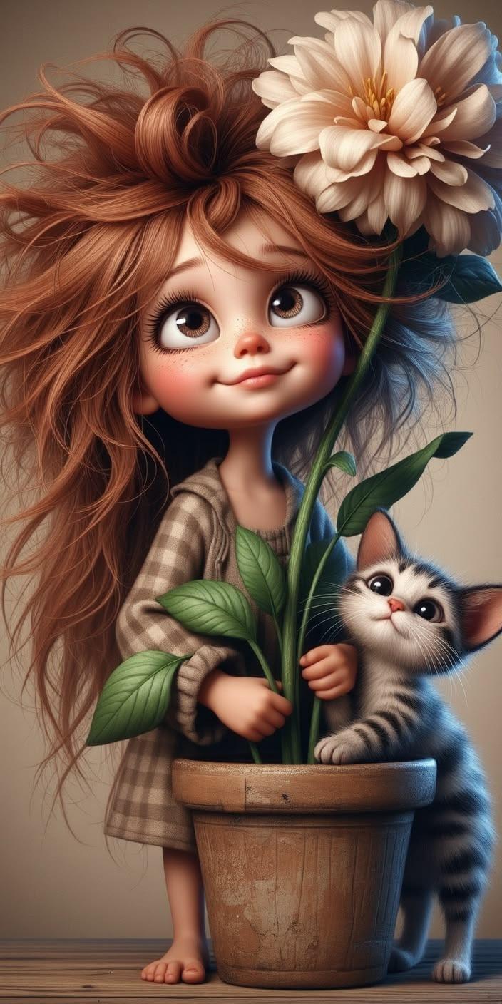 Cute Flower Girl With Kitten Wallpaper
