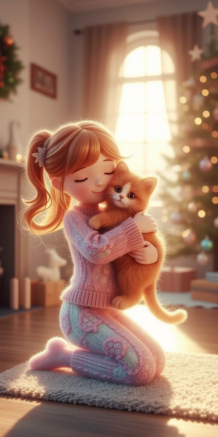 Cozy Christmas Girl Hugging Kitten Wallpaper