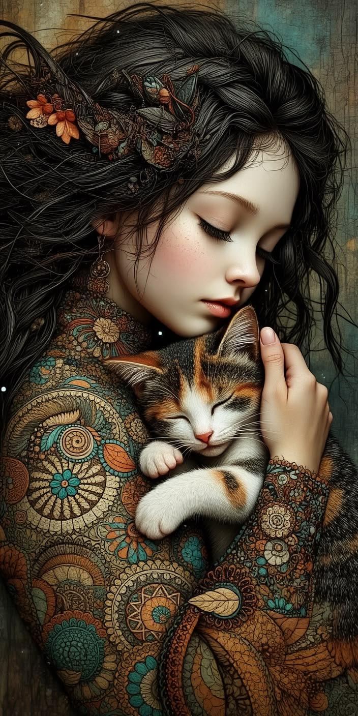 Artistic Girl Hugging Cat Wallpaper