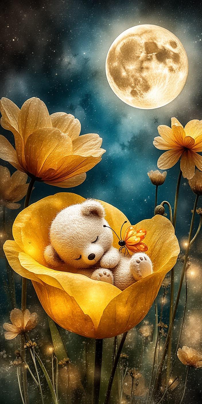 Teddy Bear Moon Flower Wallpaper