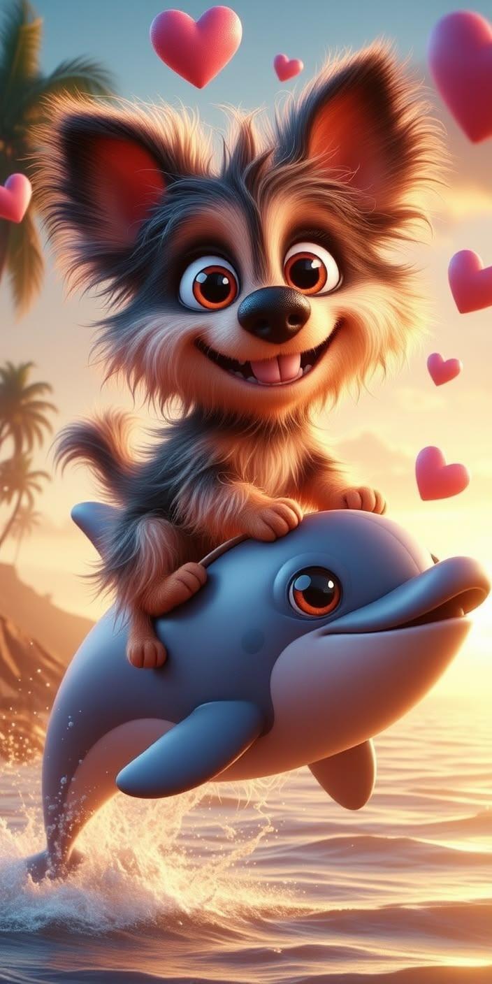Cute Puppy Riding Dolphin Sunset Wallpaper
