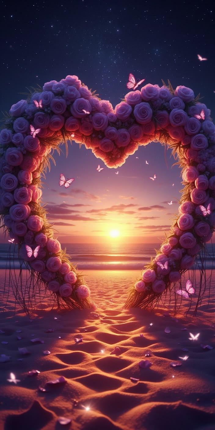 Romantic Heart Sunset Beach Wallpaper