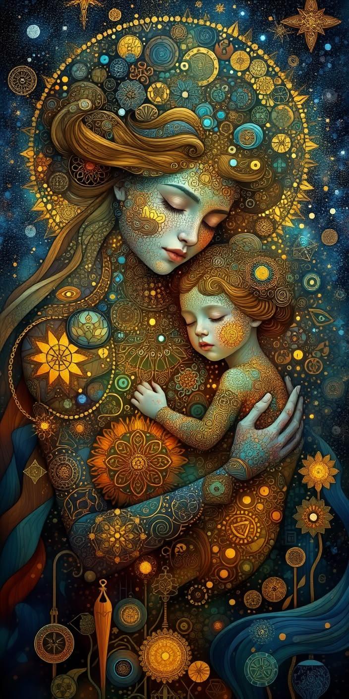 Sacred Cosmic Mother and Child Embrace Wallpaper