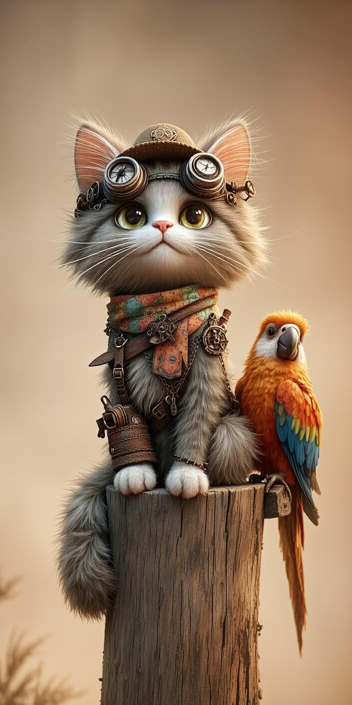 Steampunk Cat and Parrot Wallpaper