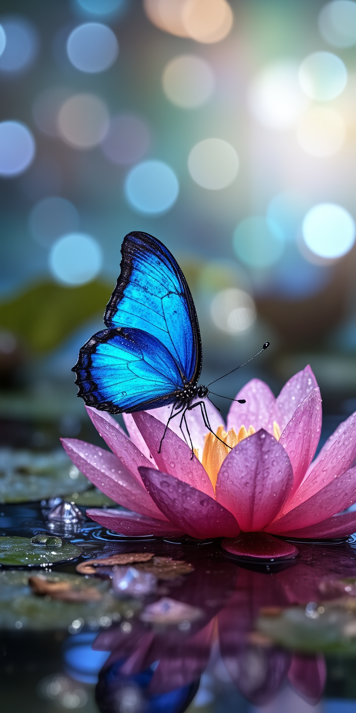 Blue Butterfly Lotus Dream Wallpaper
