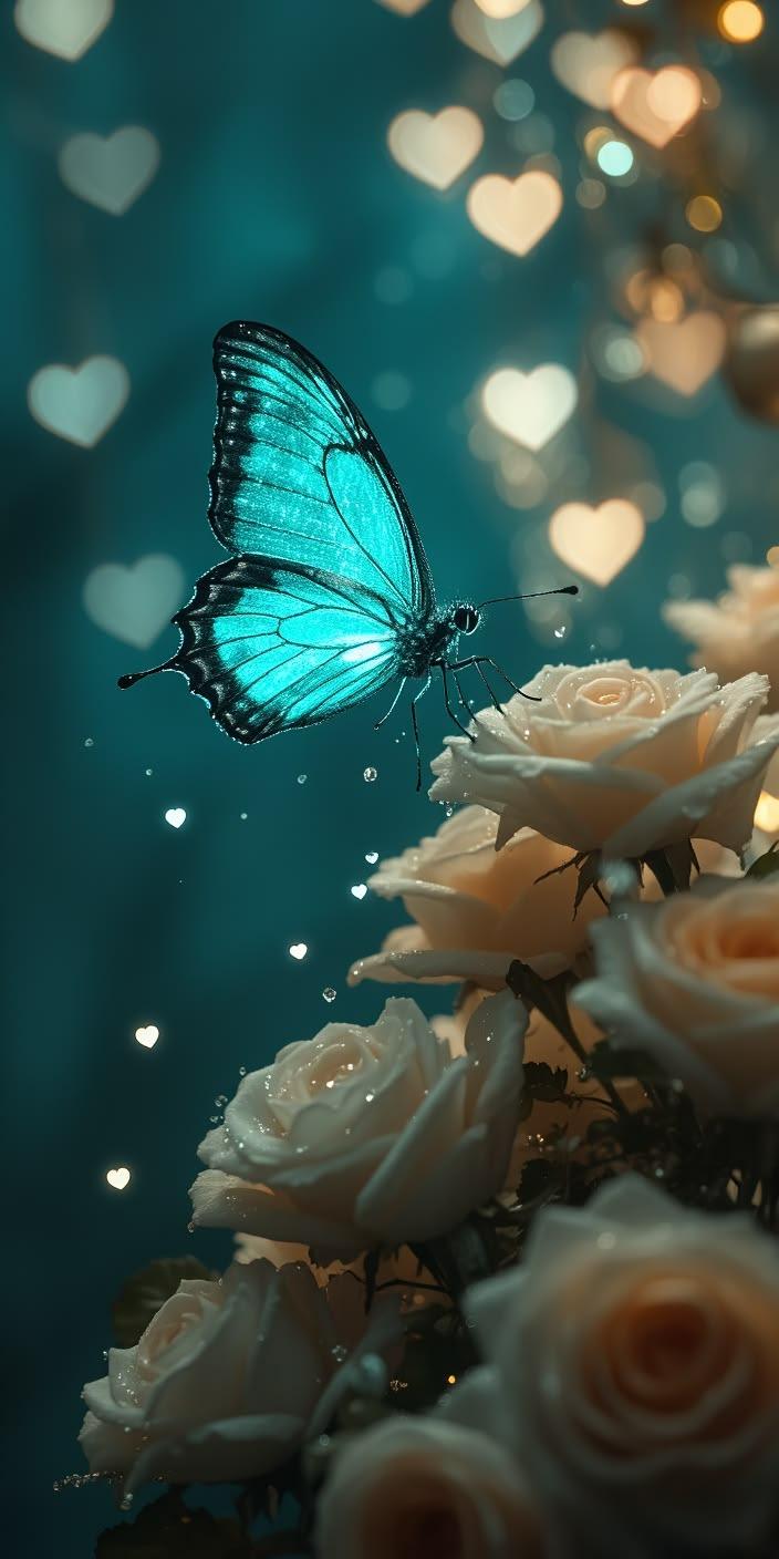 Turquoise Butterfly Love Roses Wallpaper
