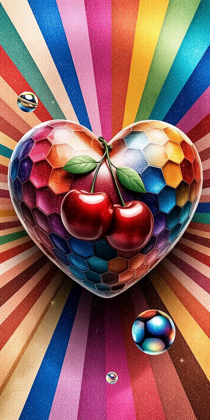 Rainbow Honeycomb Heart & Cherries Wallpaper