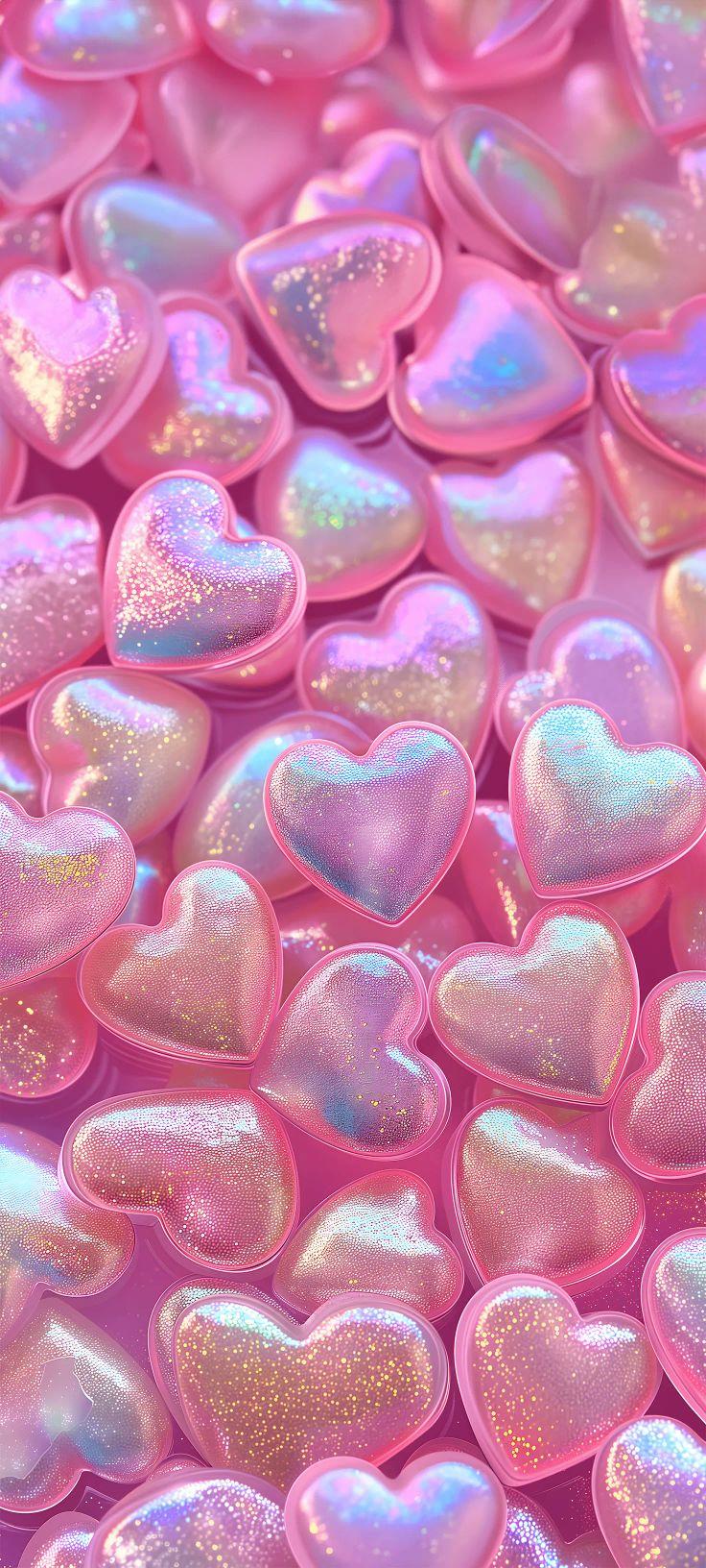 Sparkling Holographic Pink Hearts Wallpaper
