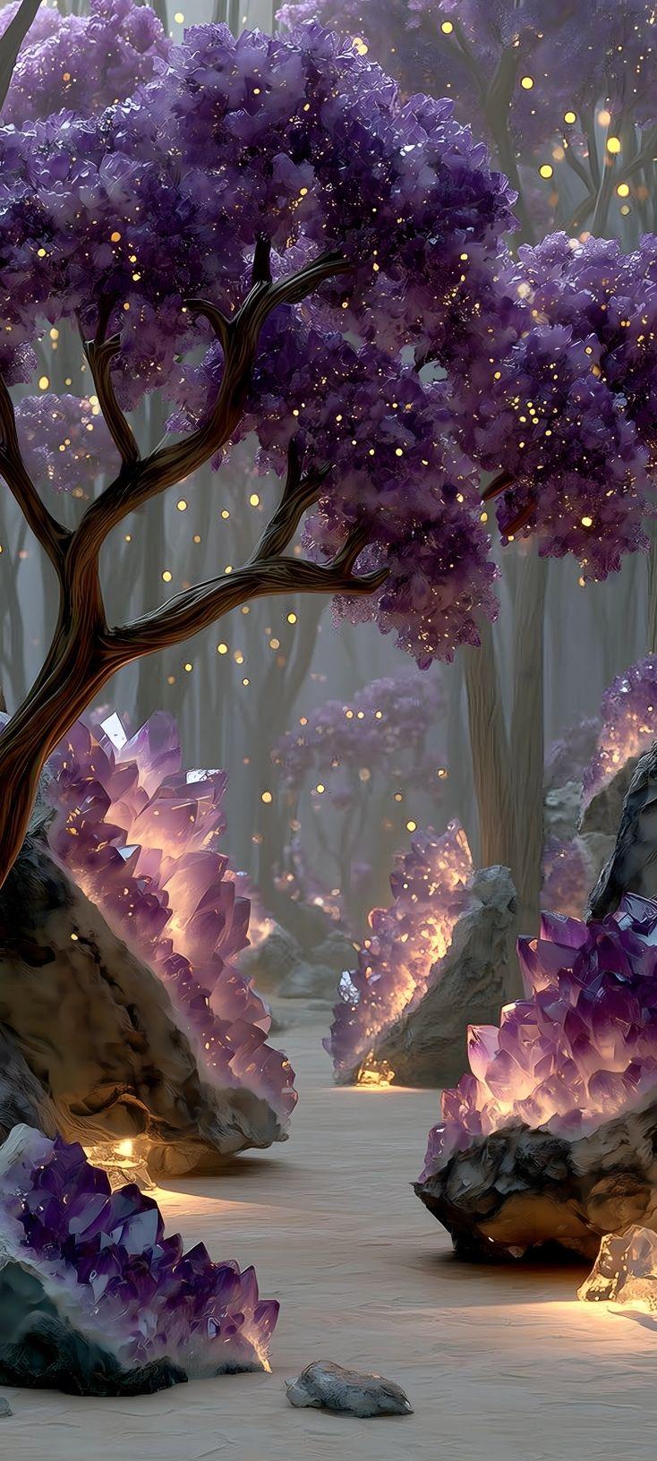 Glowing Purple Crystal Forest Path Wallpaper