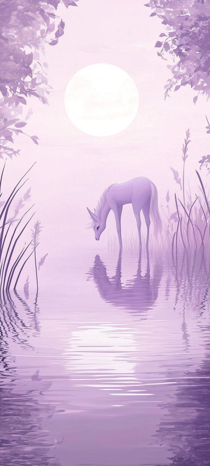 Mystical Pastel Purple Unicorn Drinking from Lake Wallpaper