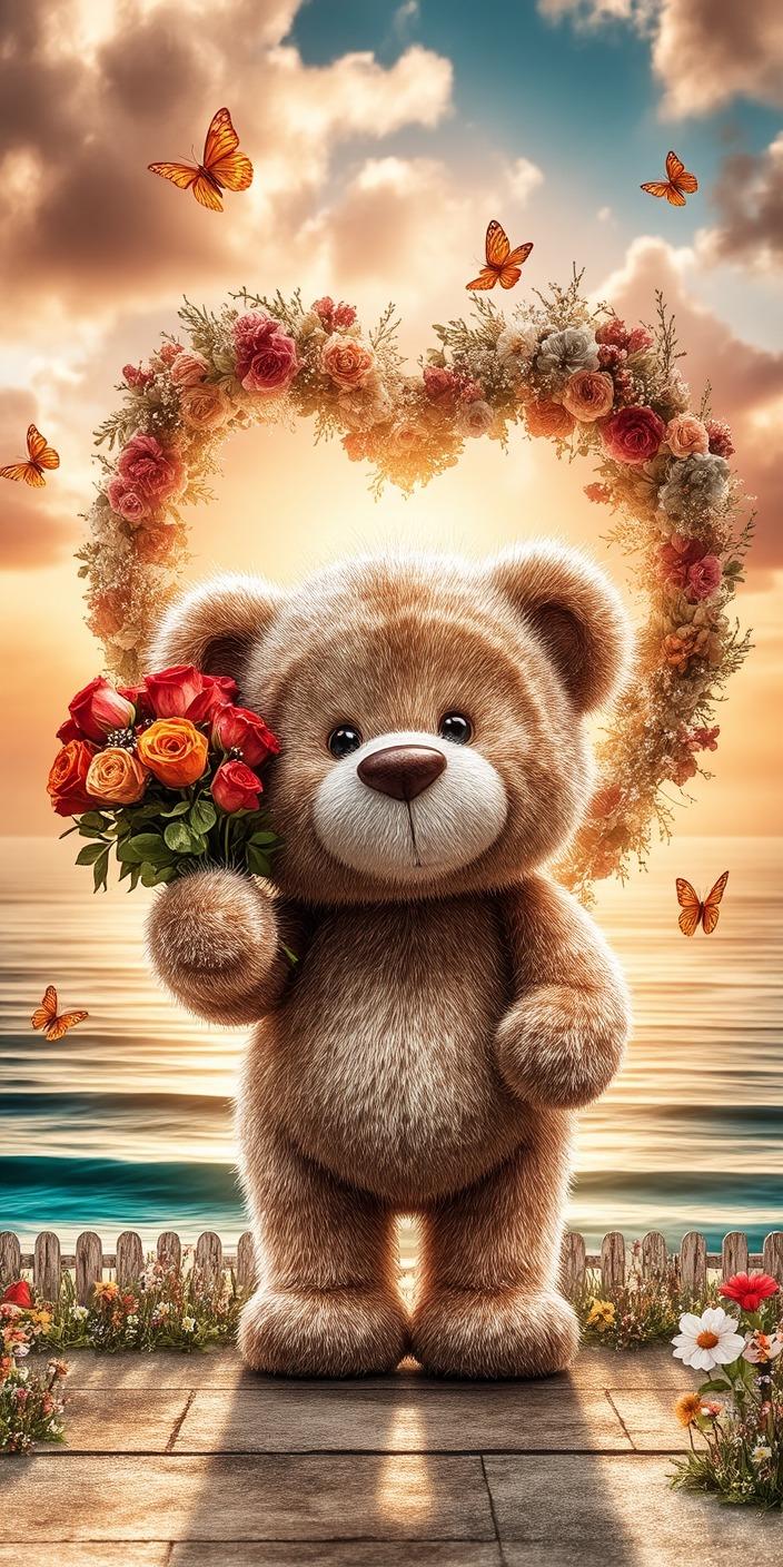 Cute Teddy Bear with Roses Wallpaper