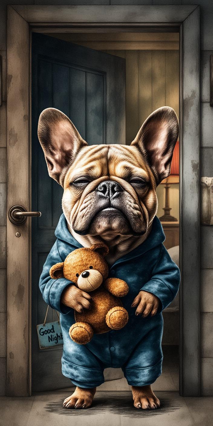 Sleepy French Bulldog with Teddy Bear Wallpaper