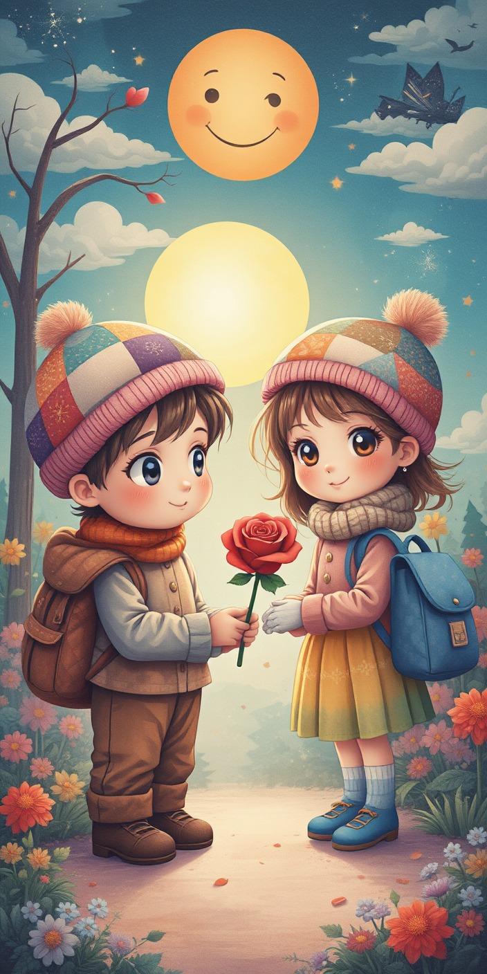 Cute Cartoon Kids Valentine Wallpaper