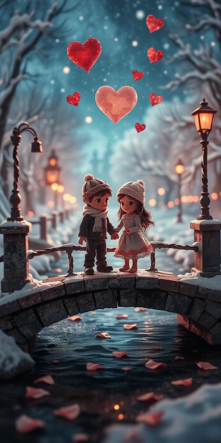 Cute Winter Love Bridge Wallpaper