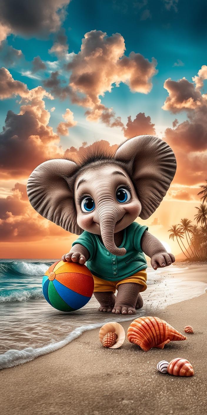 Cute Baby Elephant at the Beach Wallpaper | Adorable Summer Aesthetic