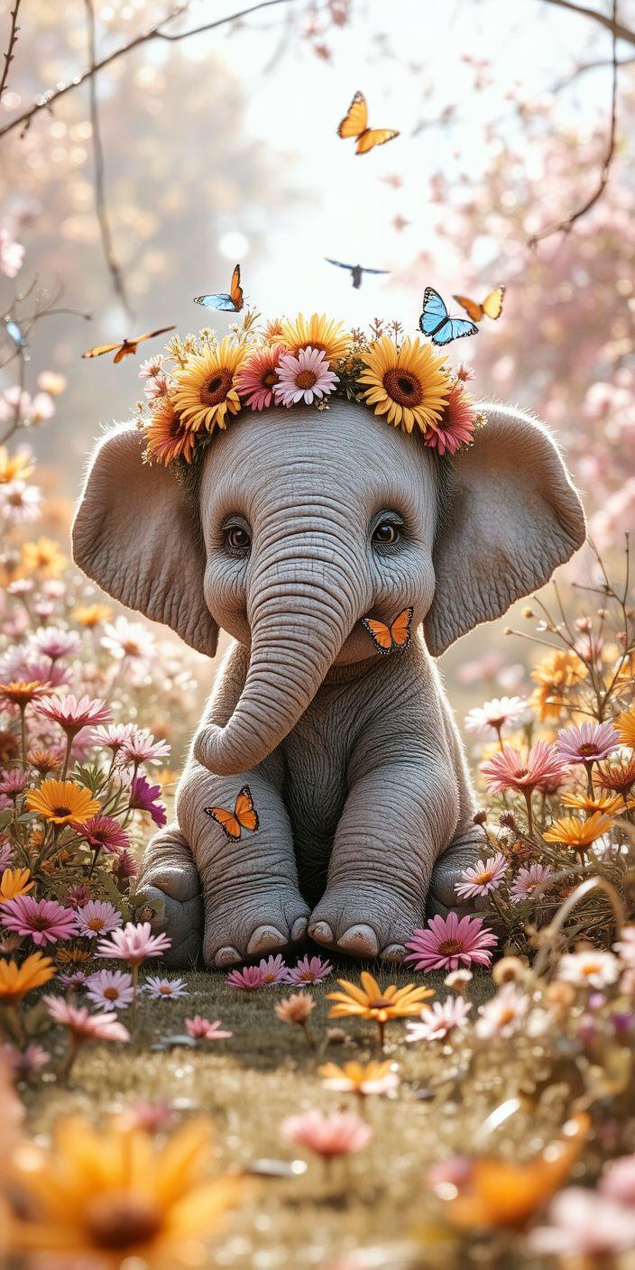 Cute Baby Elephant in Flower Garden Wallpaper | Adorable Spring Nature Background