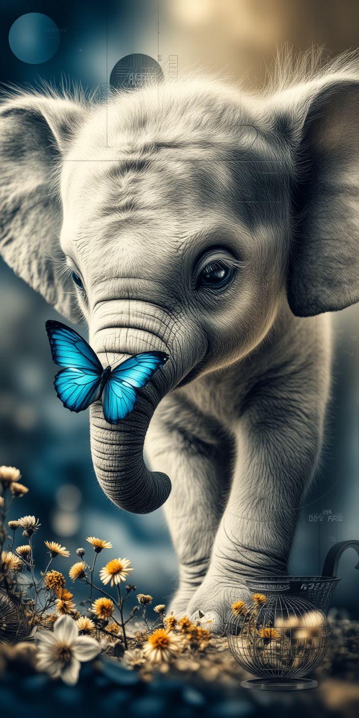 Cute Baby Elephant & Blue Butterfly Wallpaper | Dreamy Animal Aesthetic Background
