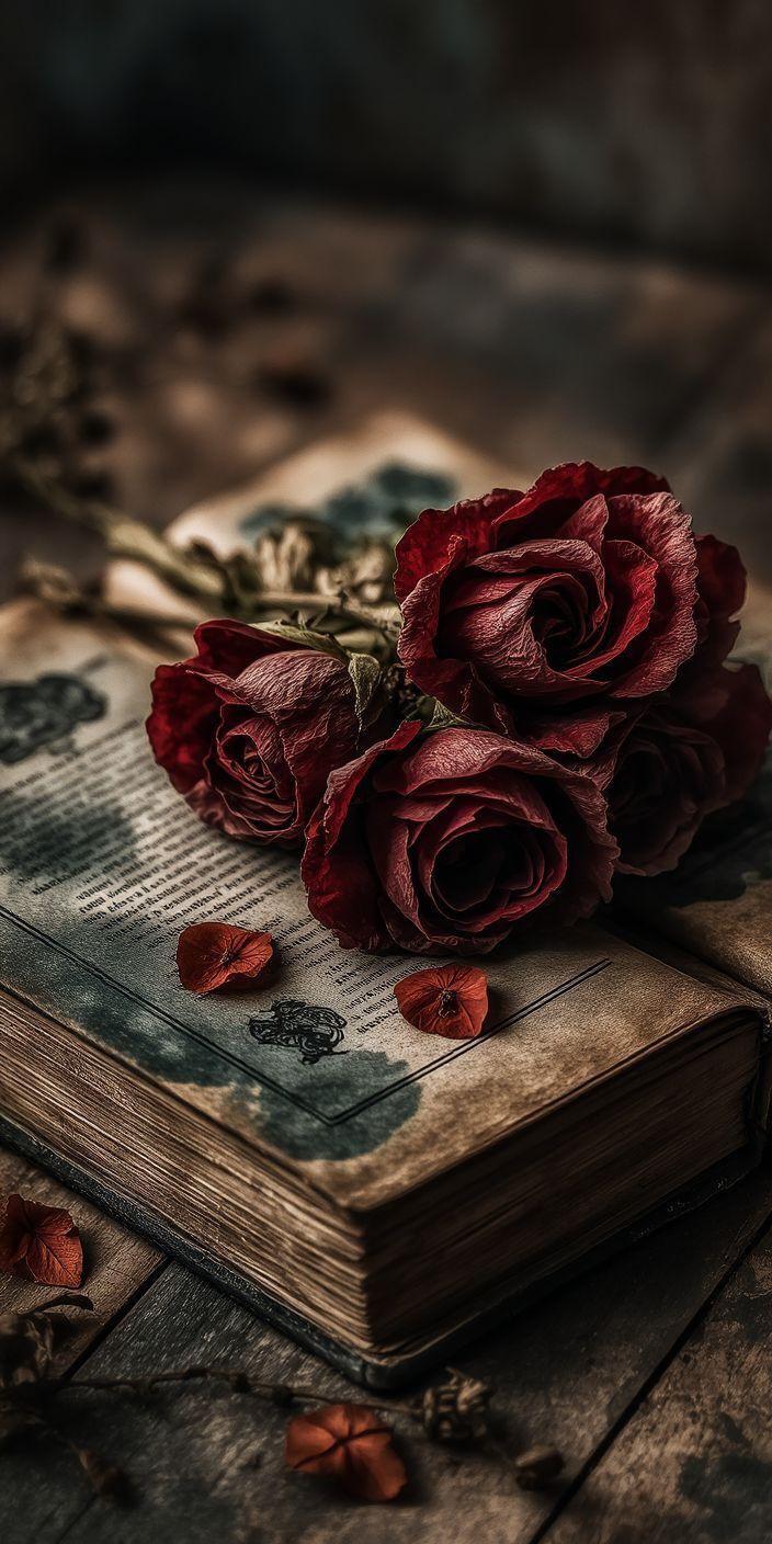 Vintage Red Roses on Old Book Wallpaper | Dark Romantic Aesthetic Background