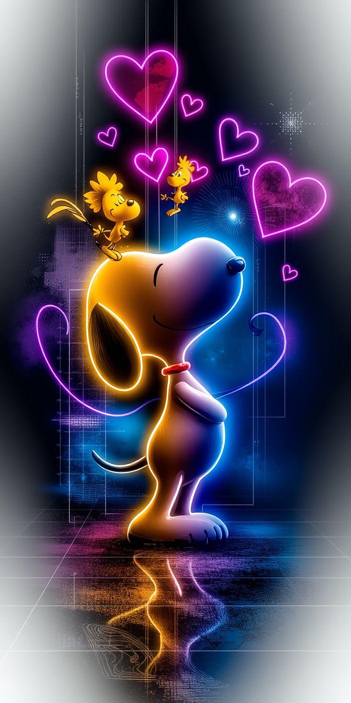 Neon Snoopy Love Wallpaper | Vibrant Peanuts Character Aesthetic Background