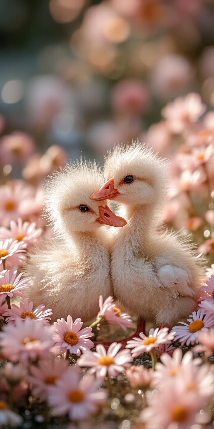 Cute Baby Ducklings in Pink Daisy Garden Wallpaper